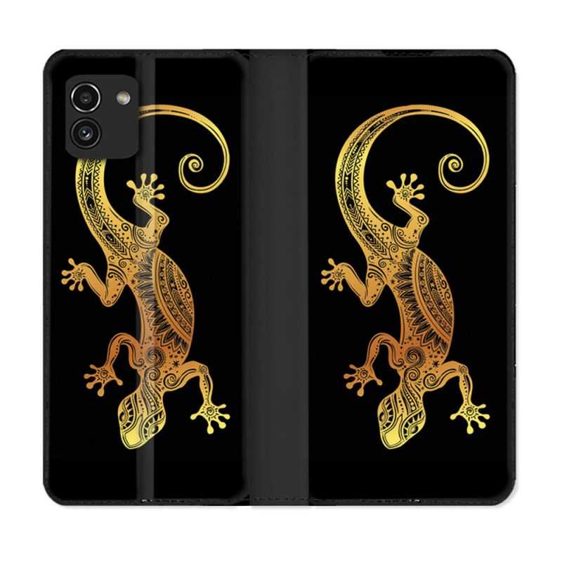 Housse Cuir Portefeuille pour Samsung Galaxy A03 Animal Lezard Noir