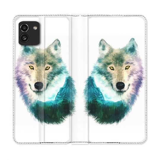 Housse Cuir Portefeuille pour Samsung Galaxy A03 Animal Loup Montagne