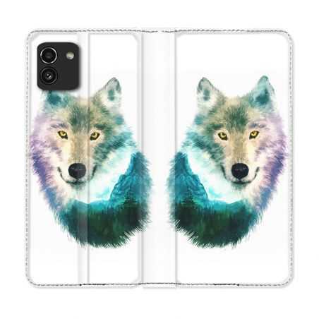 Housse Cuir Portefeuille pour Samsung Galaxy A03 Animal Loup Montagne