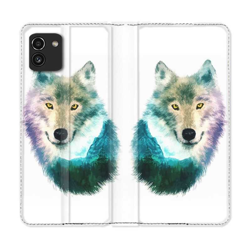 Housse Cuir Portefeuille pour Samsung Galaxy A03 Animal Loup Montagne