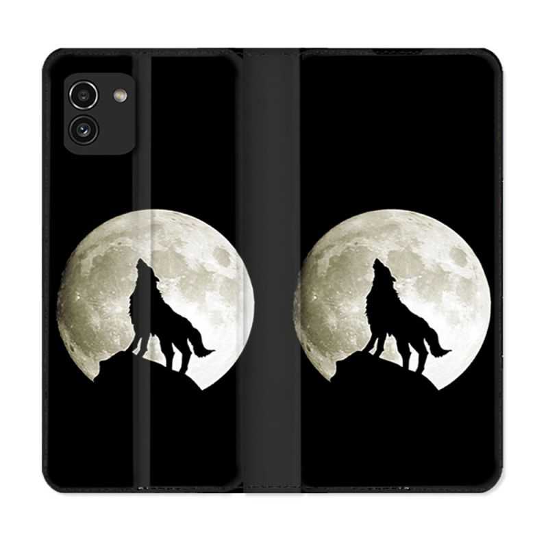 Housse Cuir Portefeuille pour Samsung Galaxy A03 Animal Loup Noir