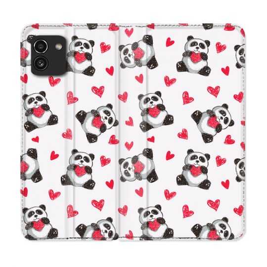 Housse Cuir Portefeuille pour Samsung Galaxy A03 Animal Panda Cœur