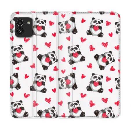 Housse Cuir Portefeuille pour Samsung Galaxy A03 Animal Panda Cœur