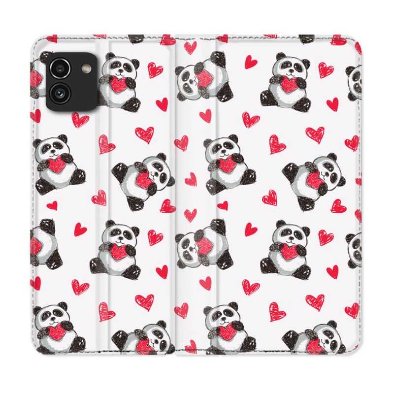Housse Cuir Portefeuille pour Samsung Galaxy A03 Animal Panda Cœur