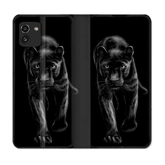 Housse Cuir Portefeuille pour Samsung Galaxy A03 Animal Panthère Noire