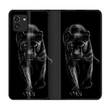 Housse Cuir Portefeuille pour Samsung Galaxy A03 Animal Panthère Noire