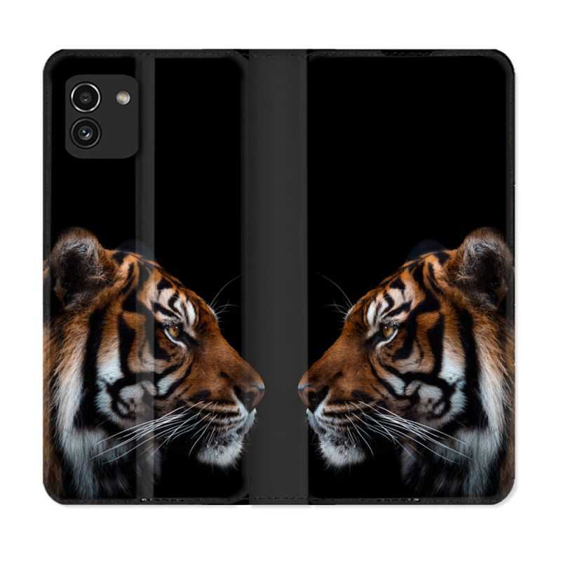 Housse Cuir Portefeuille pour Samsung Galaxy A03 Animal Tigre Noir
