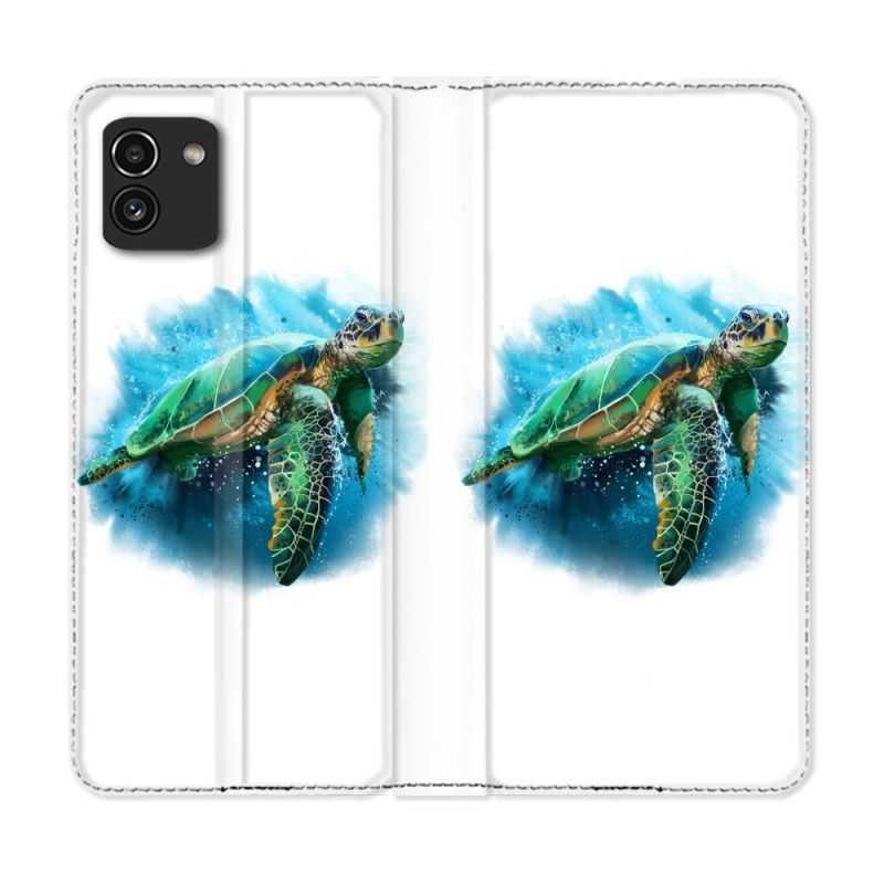 Housse Cuir Portefeuille pour Samsung Galaxy A03 Animal Tortue Blanche multicolore