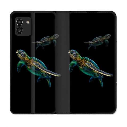 Housse Cuir Portefeuille pour Samsung Galaxy A03 Animal Tortue Noire multicolore