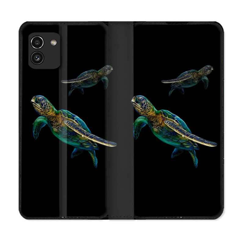 Housse Cuir Portefeuille pour Samsung Galaxy A03 Animal Tortue Noire multicolore