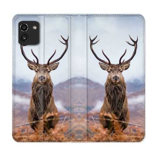 Housse Cuir Portefeuille pour Samsung Galaxy A03 Chasse Chevreuil Montagne