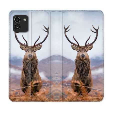 Housse Cuir Portefeuille pour Samsung Galaxy A03 Chasse Chevreuil Montagne
