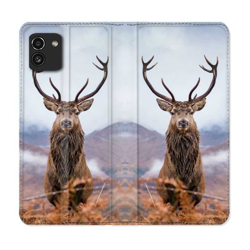 Housse Cuir Portefeuille pour Samsung Galaxy A03 Chasse Chevreuil Montagne