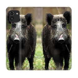 Housse Cuir Portefeuille pour Samsung Galaxy A03 Chasse Sanglier bois