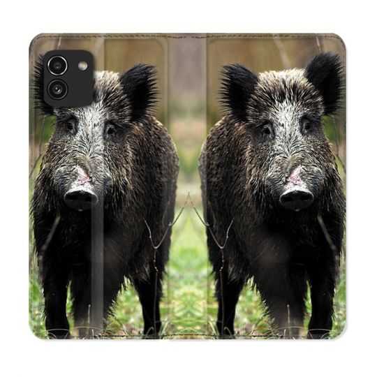 Housse Cuir Portefeuille pour Samsung Galaxy A03 Chasse Sanglier bois