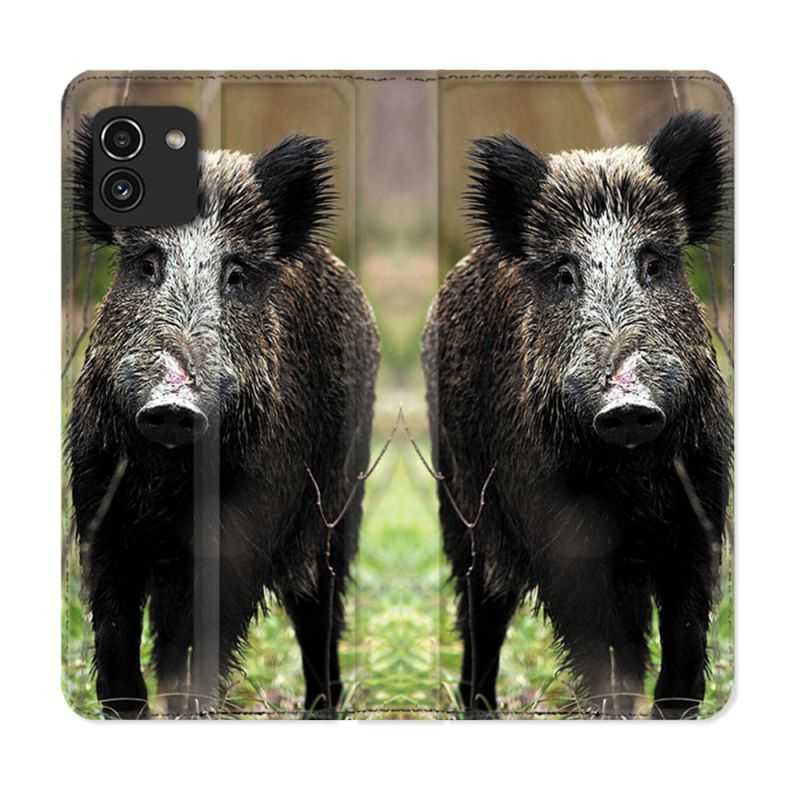 Housse Cuir Portefeuille pour Samsung Galaxy A03 Chasse Sanglier bois