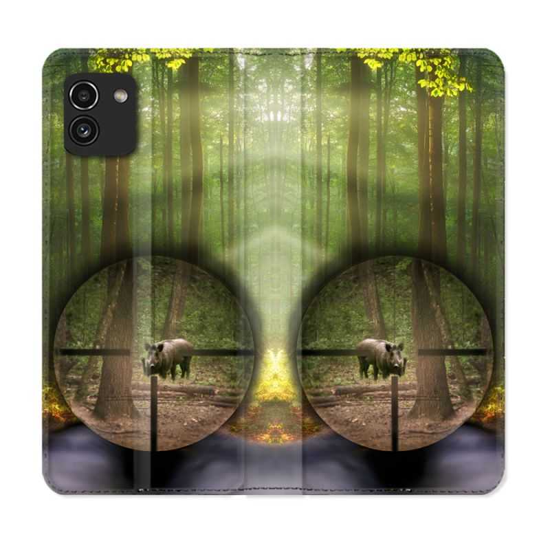 Housse Cuir Portefeuille pour Samsung Galaxy A03 Chasse Sanglier Viseur
