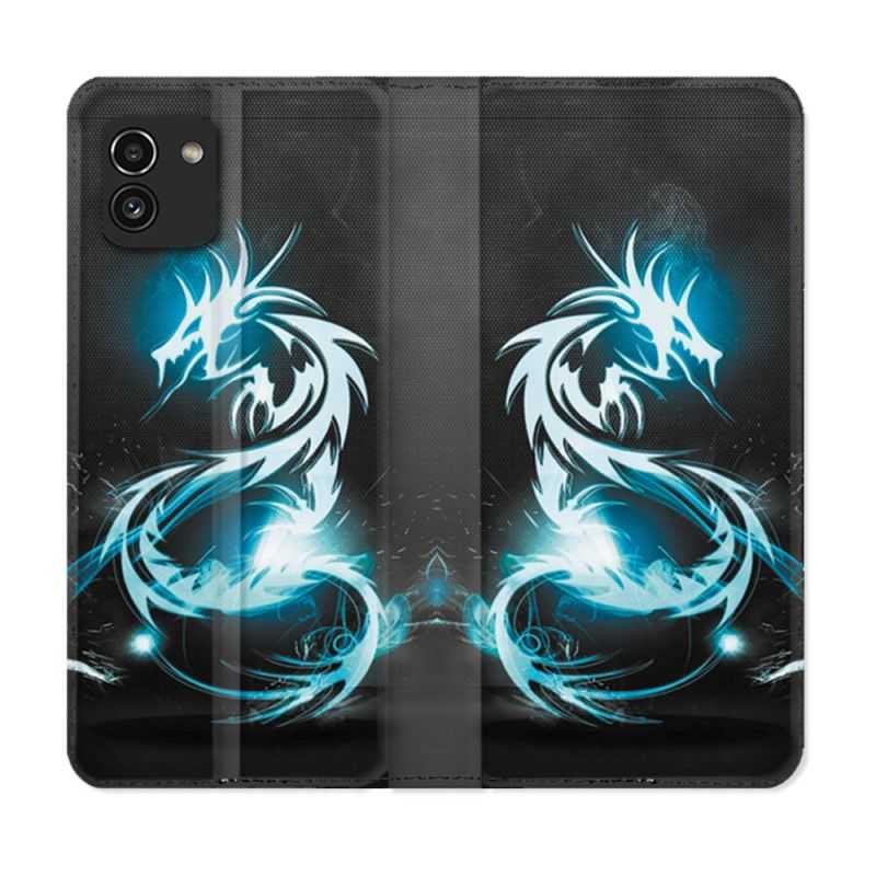 Housse Cuir Portefeuille pour Samsung Galaxy A03 Fantastique Dragon Bleu
