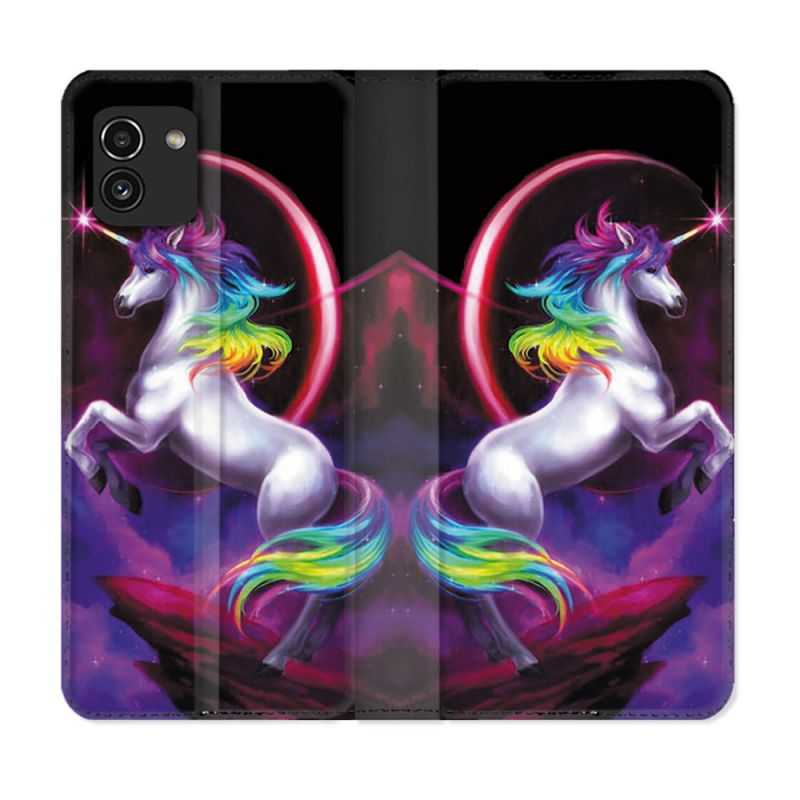 Housse Cuir Portefeuille pour Samsung Galaxy A03 Fantastique Licorne Arc en ciel