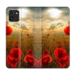 Housse Cuir Portefeuille pour Samsung Galaxy A03 Fleur Coquelicot