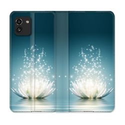 Housse Cuir Portefeuille pour Samsung Galaxy A03 Fleur Lotus Blanc