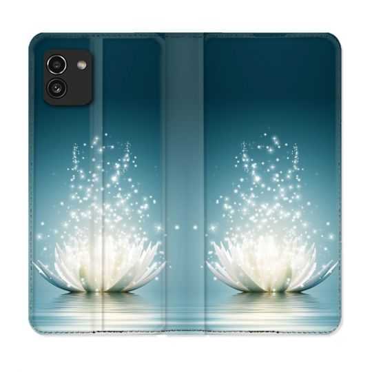 Housse Cuir Portefeuille pour Samsung Galaxy A03 Fleur Lotus Blanc