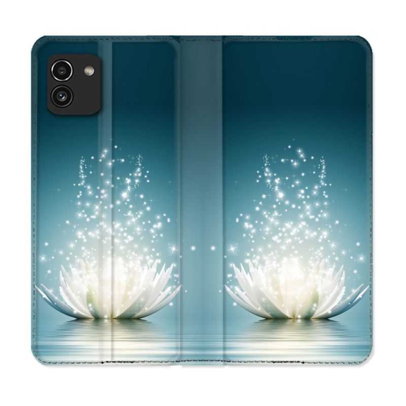 Housse Cuir Portefeuille pour Samsung Galaxy A03 Fleur Lotus Blanc