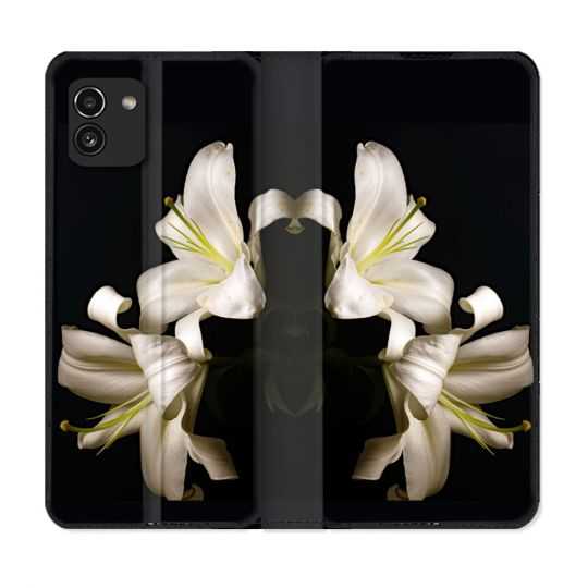 Housse Cuir Portefeuille pour Samsung Galaxy A03 Fleur Lys Noir