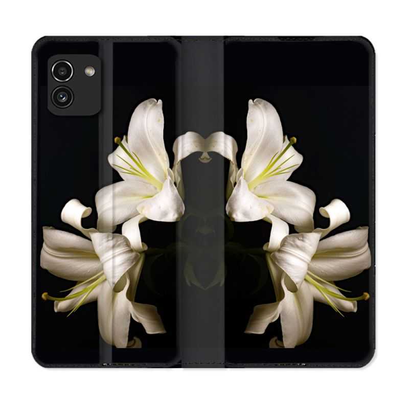 Housse Cuir Portefeuille pour Samsung Galaxy A03 Fleur Lys Noir