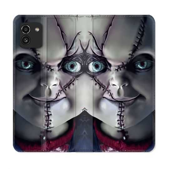 Housse Cuir Portefeuille pour Samsung Galaxy A03 Horreur Chucky Cicatrice