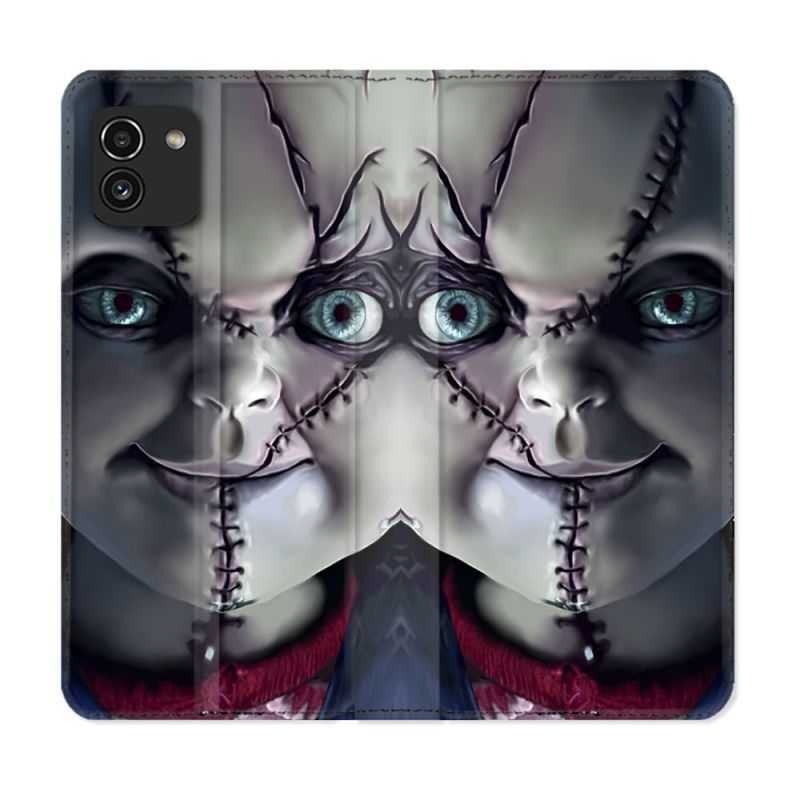 Housse Cuir Portefeuille pour Samsung Galaxy A03 Horreur Chucky Cicatrice