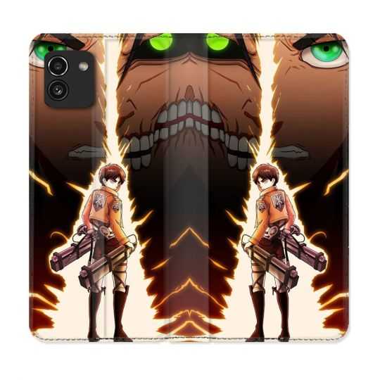 Housse Cuir Portefeuille pour Samsung Galaxy A03 Manga Attaque Titans Eren Eclair