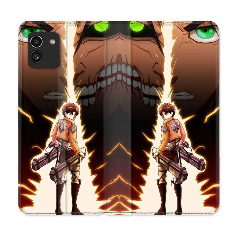 Housse Cuir Portefeuille pour Samsung Galaxy A03 Manga Attaque Titans Eren Eclair