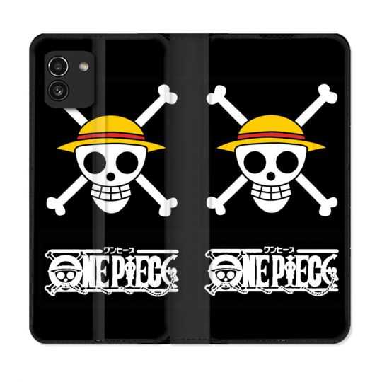 Housse Cuir Portefeuille pour Samsung Galaxy A03 Manga One Piece Tete de Mort