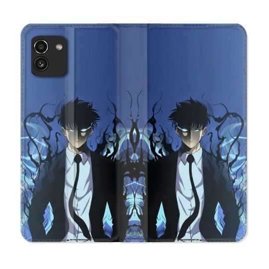 Housse Cuir Portefeuille pour Samsung Galaxy A03 Manga Solo Leveling Sung Bleu