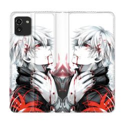 Housse Cuir Portefeuille pour Samsung Galaxy A03 Manga Tokyo Ghoul Kaneki Blanc