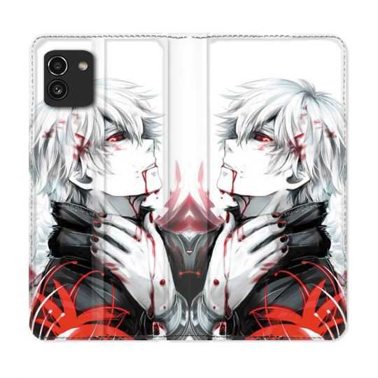 Housse Cuir Portefeuille pour Samsung Galaxy A03 Manga Tokyo Ghoul Kaneki Blanc