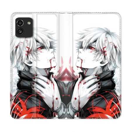 Housse Cuir Portefeuille pour Samsung Galaxy A03 Manga Tokyo Ghoul Kaneki Blanc