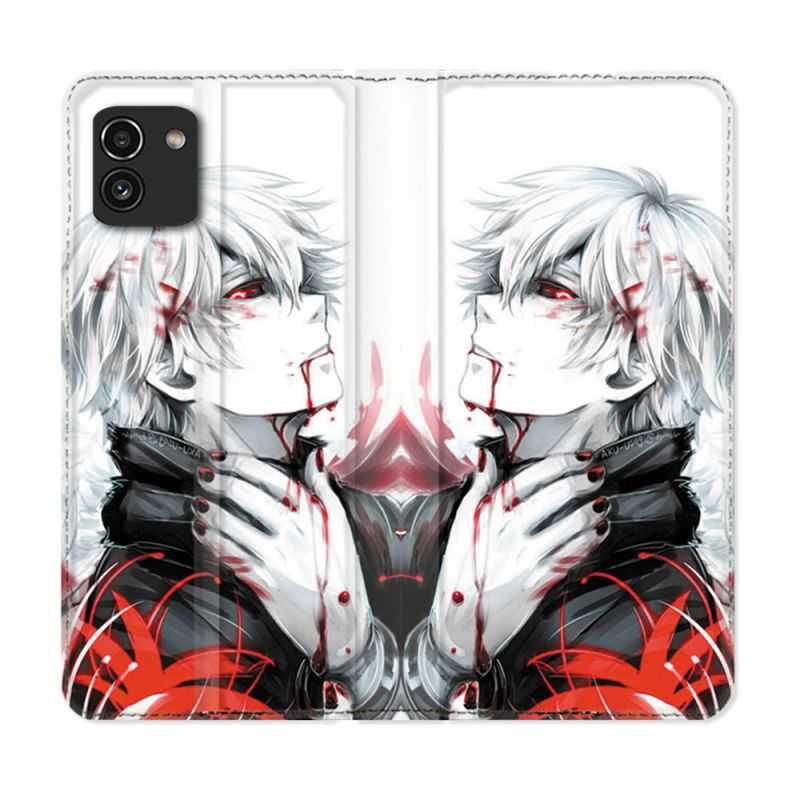 Housse Cuir Portefeuille pour Samsung Galaxy A03 Manga Tokyo Ghoul Kaneki Blanc