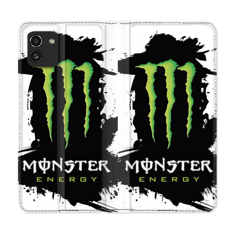 Housse Cuir Portefeuille pour Samsung Galaxy A03 Monster Energy Tache