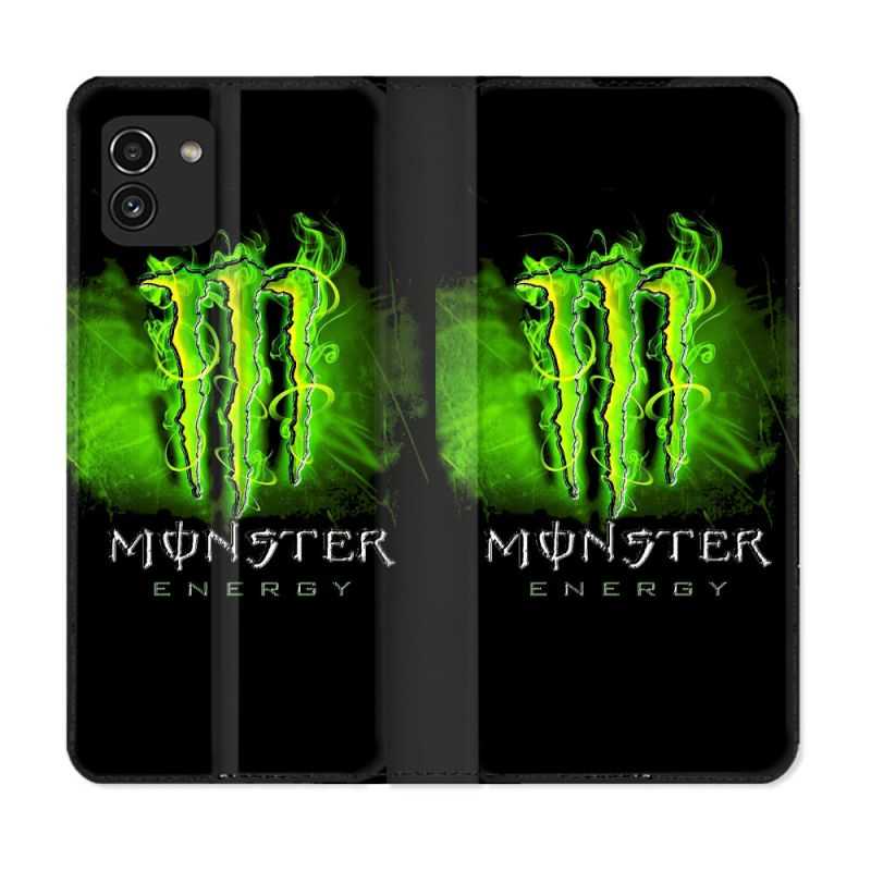 Housse Cuir Portefeuille pour Samsung Galaxy A03 Monster Energy Vert