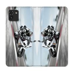 Housse Cuir Portefeuille pour Samsung Galaxy A03 Moto Course GP Blanche