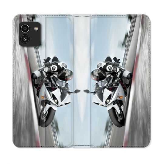 Housse Cuir Portefeuille pour Samsung Galaxy A03 Moto Course GP Blanche