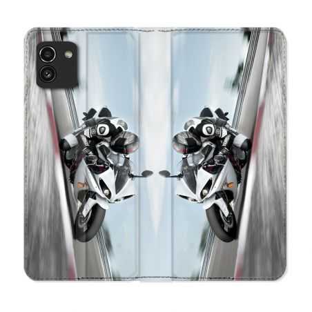 Housse Cuir Portefeuille pour Samsung Galaxy A03 Moto Course GP Blanche