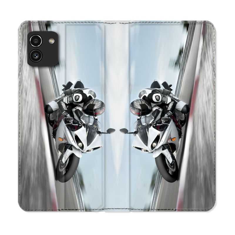 Housse Cuir Portefeuille pour Samsung Galaxy A03 Moto Course GP Blanche