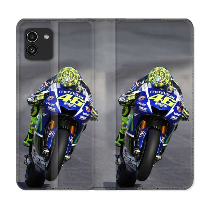 Housse Cuir Portefeuille pour Samsung Galaxy A03 Moto Course GP Wheeling 46