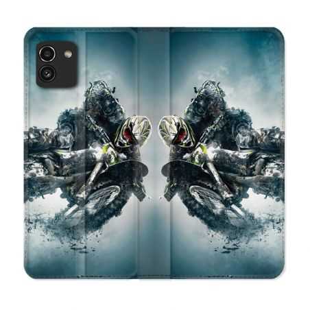 Housse Cuir Portefeuille pour Samsung Galaxy A03 Moto Cross Ombre