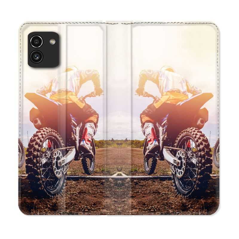 Housse Cuir Portefeuille pour Samsung Galaxy A03 Moto Cross Soleil