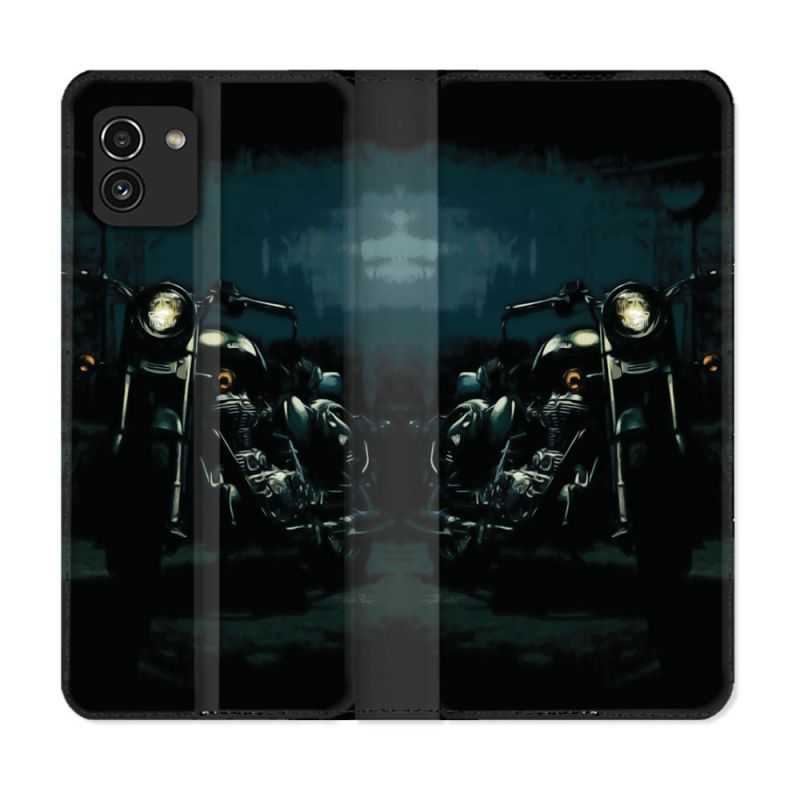 Housse Cuir Portefeuille pour Samsung Galaxy A03 Moto Harley Vintage