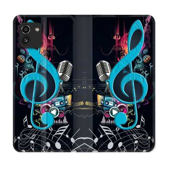Housse Cuir Portefeuille pour Samsung Galaxy A03 Musique Cle Sol Bleu